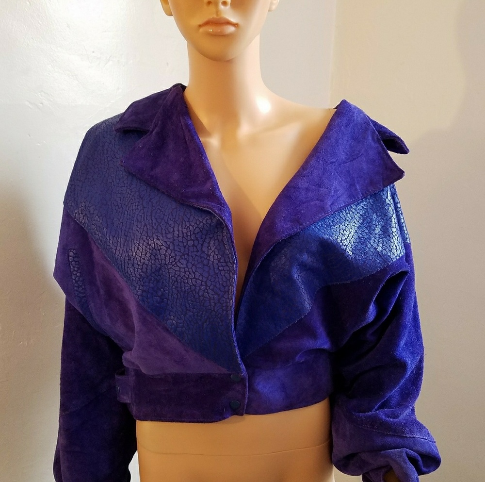 Purple leather and suede jacket with button closur